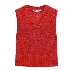 ZARA Knit Crop Top Vest Sz.L Red V-neck Sleeveless Minimalist Y2K Layering